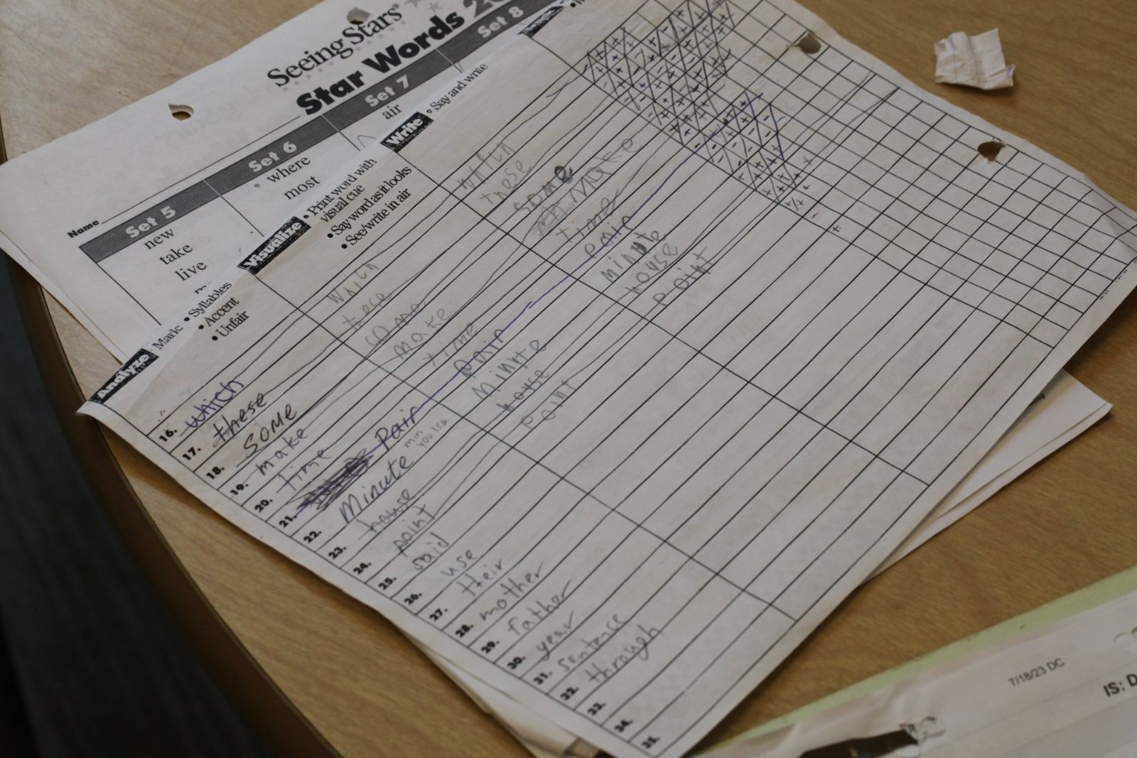 A completed Seeing Stars Star Words tracking sheet with handwritten progress marks